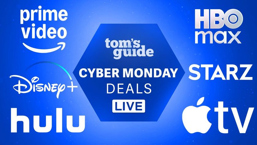 Tom&#039;s Guide Cyber Monday deals badge surrounded by logos for Prime Video, Disney Plus, Hulu, HBO Max, Starz and Apple TV