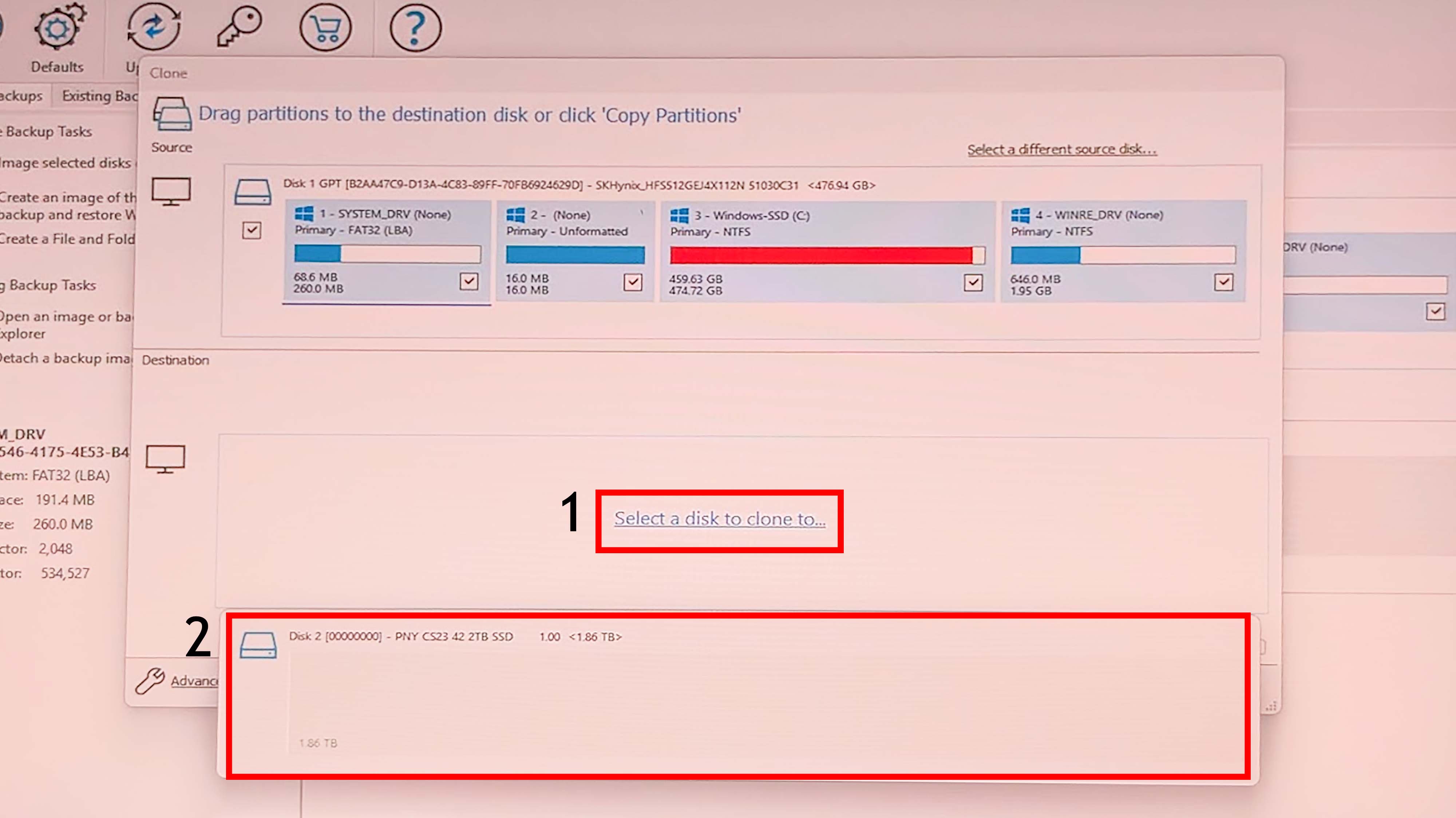 Macrium Reflect porgram with Select A Disk to Clone and an individual disk highlighted.