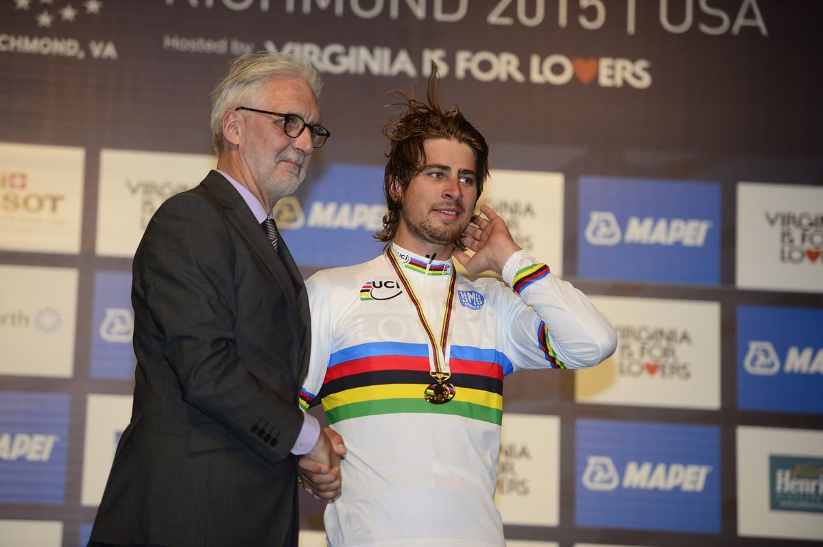 UCI president Brian Cookson and newly crowned world champion Peter Sagan