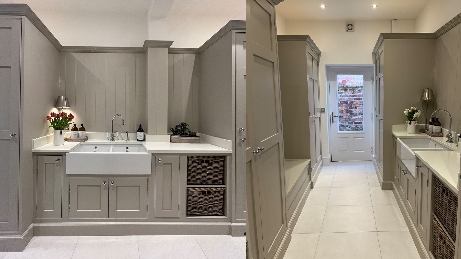 neat tidy and decluttered grey utility room