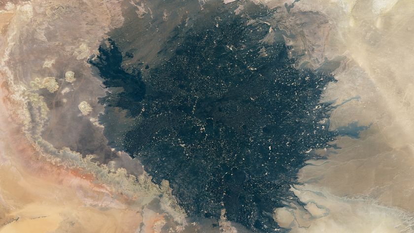 A satellite photo of a giant patch of black lava in a desert