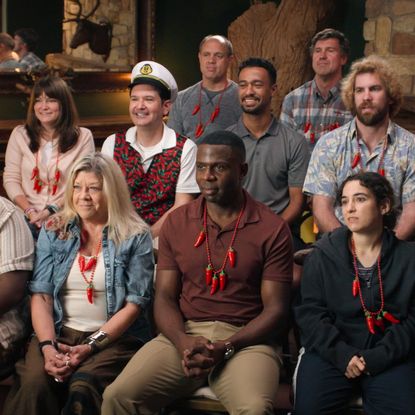The cast of 'Jury Duty Presents: Company Retreat.' Front: PJ (Marc-Sully Saint-Fleur), Helen (Stephanie Hodge), Steve (Warren Burke), Claire (Rachel Kaly), Kate (Erica Hernandez); Second Row: Amy (Emily Pendergast), Kevin (Ryan Perez), Anthony, Dougie Jr. (Alex Bonifer), Jackie (LaNisa Frederick); Back: Jimmy (Jim Woods), Other Anthony (Rob Lathan)