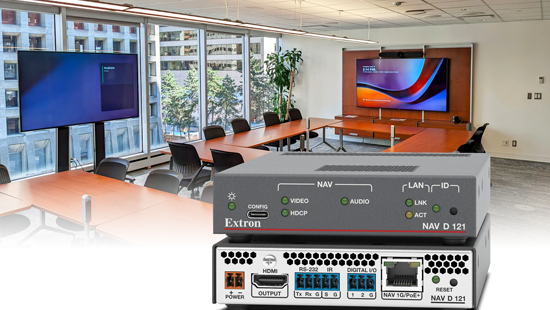 The new Extron NAV decoder imposed in front of a conference room. 