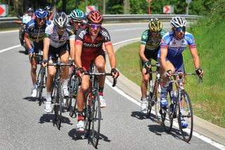 Greg Van Avermaet (BMC) and Zdenek Stybar (Quick Step) lead a chase group in pursuit of the break.