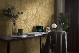 Milan Design Week Marazzi Golden Leaf Incanto wall slab in gold leaf in home office