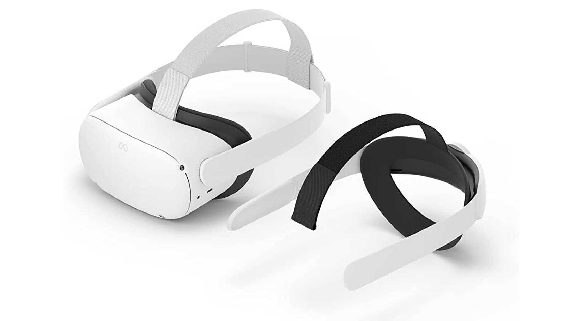 The Meta Quest 2 headset next to a plastic Elite Strap