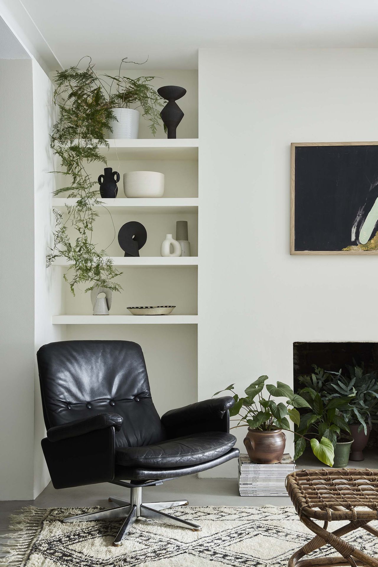 a living room with white walls