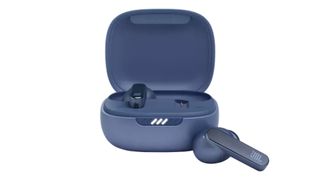 The JBL Live Pro 2 true wireless earbuds in blue pictured next to their charging case.