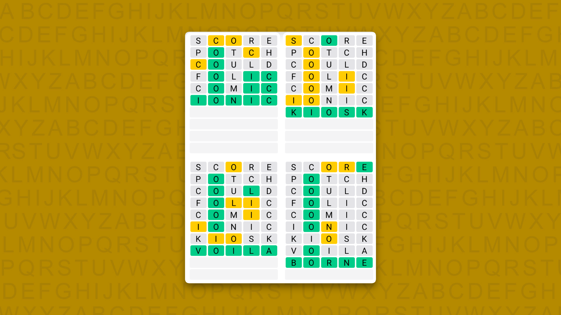 Quordle answers for game 1698 on a yellow background