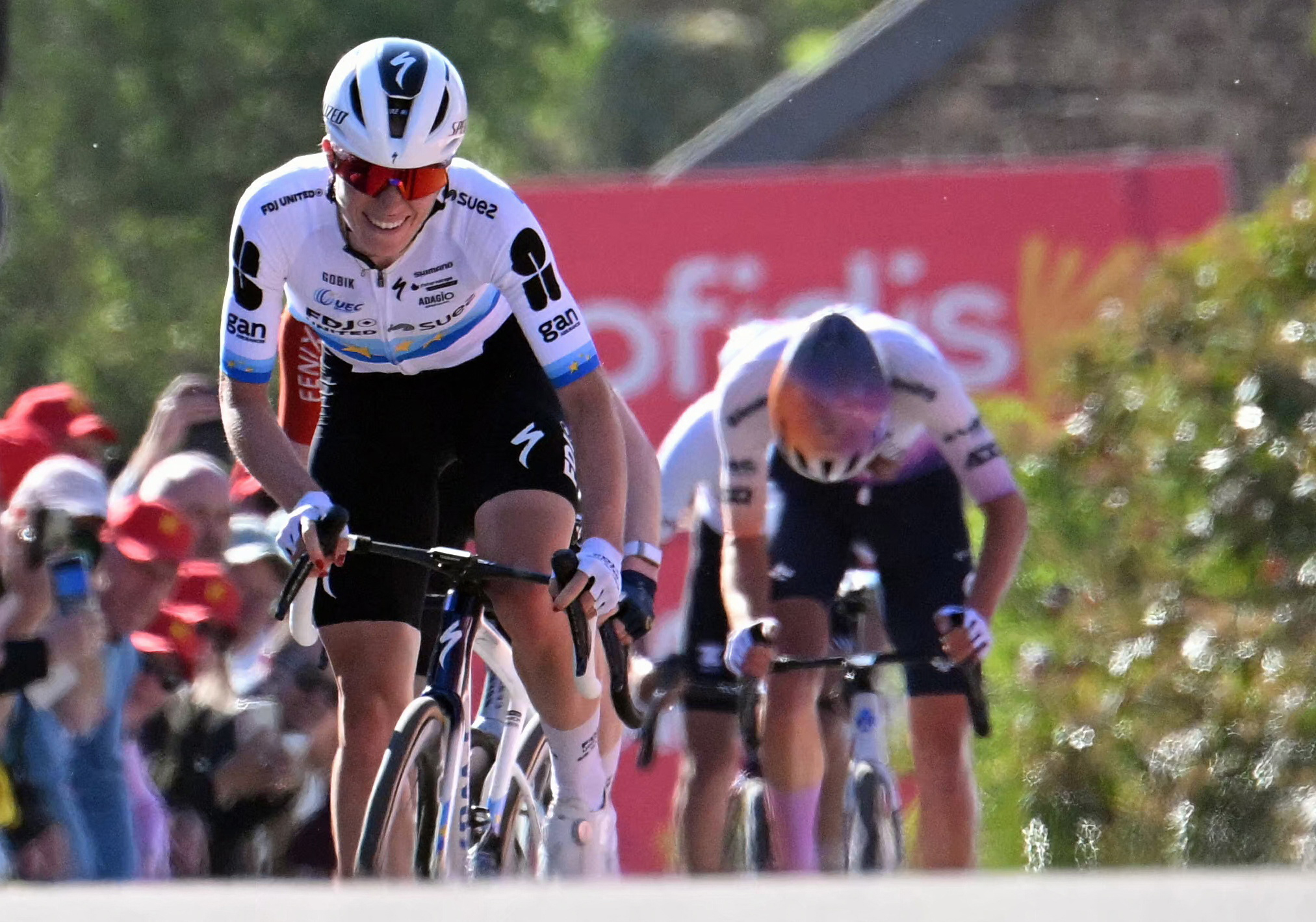 Dutch Demi Vollering of FDJ United-SUEZ celebrates after winning the women's race of the 'La Fleche Wallonne', one day cycling race (Waalse Pijl - Walloon Arrow), 148,2 km from Huy to Huy, Wednesday 22 April 2026. BELGA PHOTO POOL BERNARD PAPON (Photo by POOL BERNARD PAPON / BELGA MAG / Belga / AFP via Getty Images)