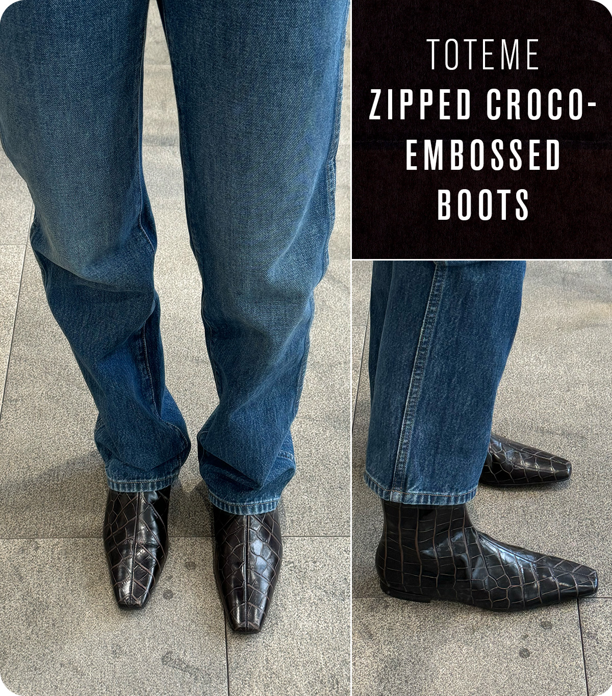Nikki wears the toteme zipped croco-embossed boots.