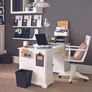 brown home office cream desk with drawers and cupboards laptop modern swivel chair blackboard with white carved frame printer