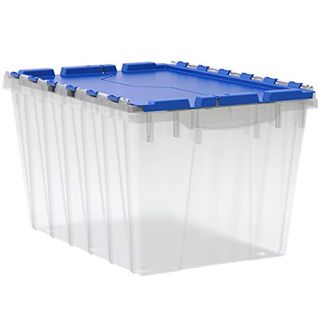 Clear 12-Gallon Plastic Stackable Storage Tote Container With Attached blue Hinged Lid, 