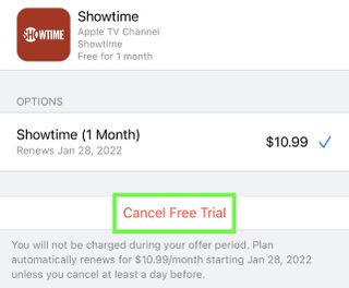 A green box highlights Cancel Free Trial in Subscriptions page