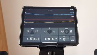 Wattbike Proton smart bike, a close-up photo of the workout screen in the Hub app