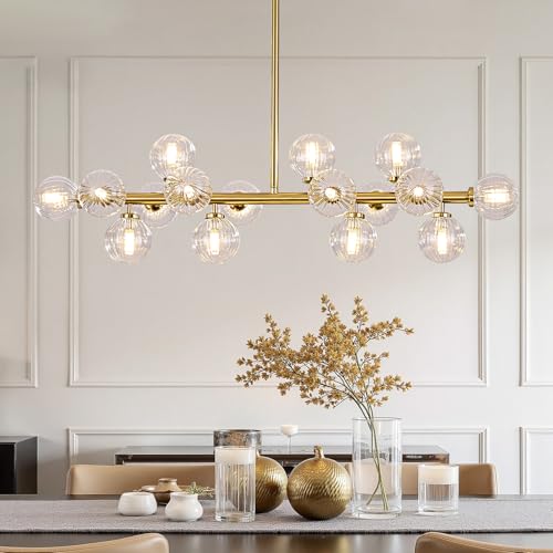 Centger Mid Century Modern Glass Globe Sputnik Chandelier With Clear Bubble, 16-Light Large Linear Chandeliers for Dining Room Kitchen Island Living Room, Gold Dining Light Fixture Over Table
