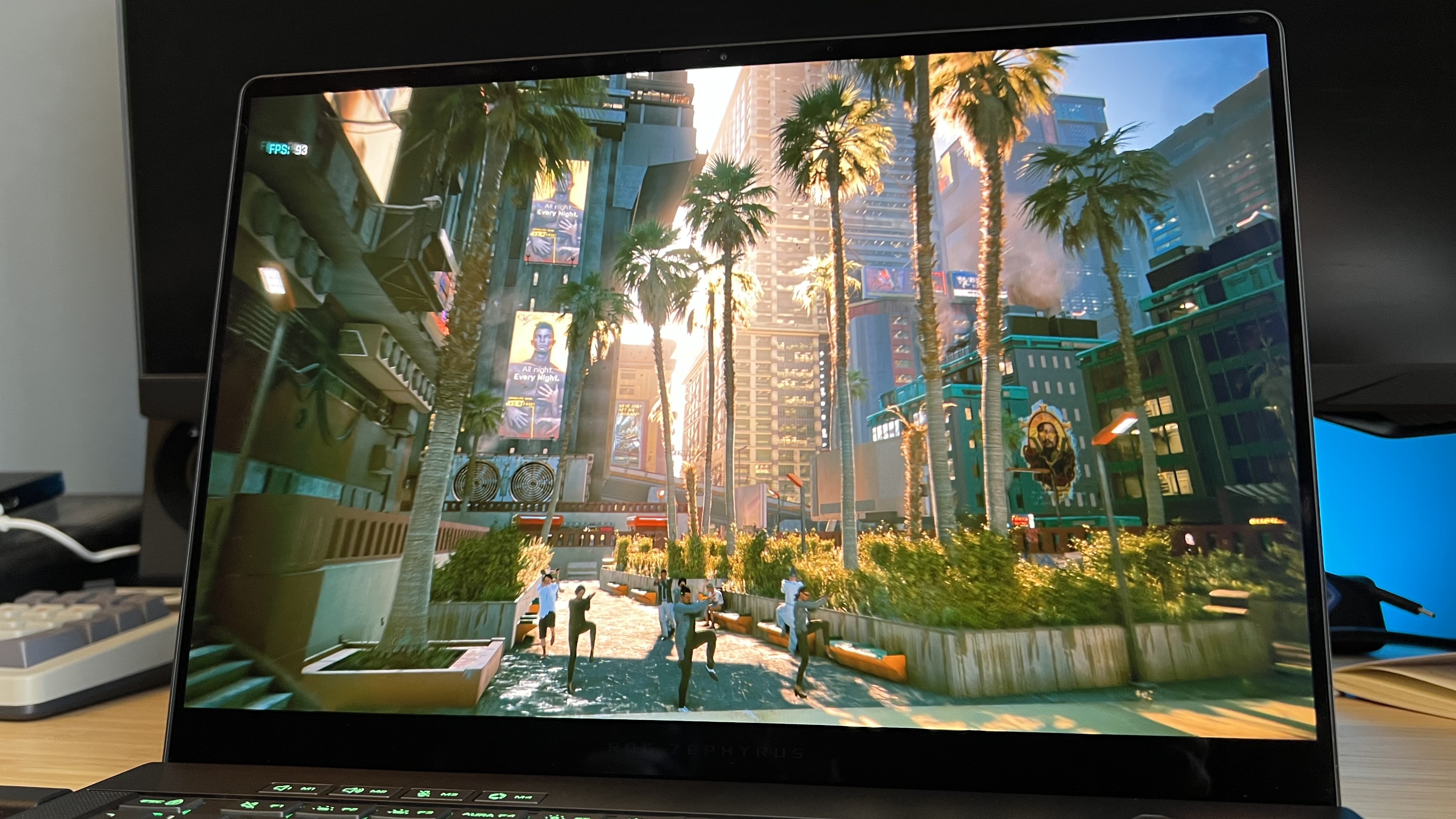 Cyberpunk 2077 benchmark running on an Asus ROG Zephyrus G14 2026 gaming laptop