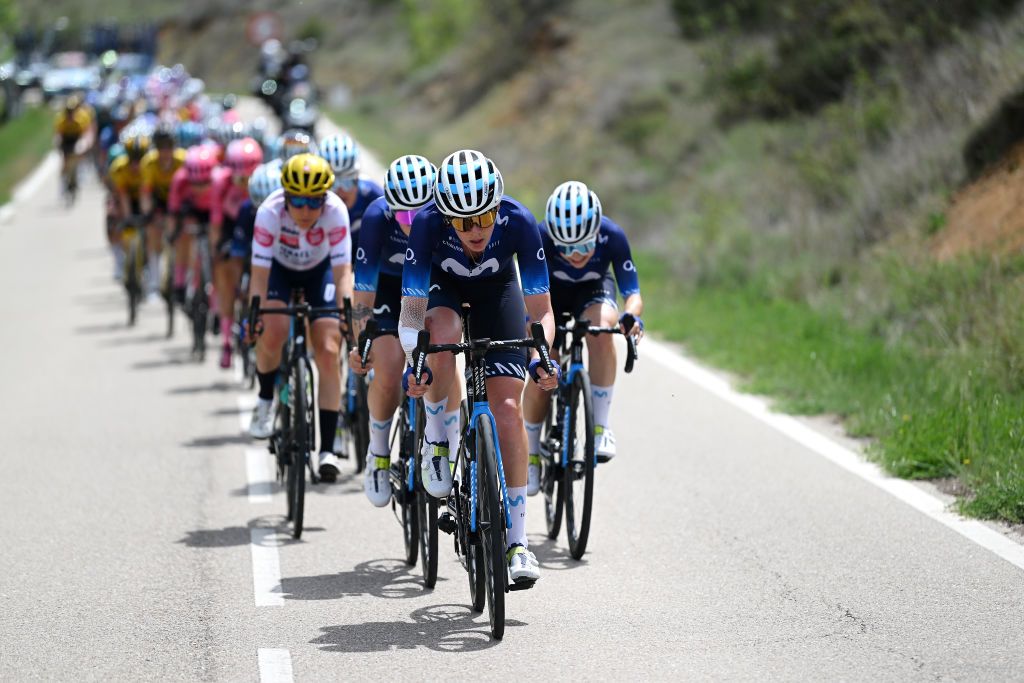 MIRADOR DE PEAS LLANAS SPAIN MAY 05 Aude Biannic of France and Movistar Team leads the peloton during the 9th La Vuelta Femenina 2023 Stage 5 a 1292km stage from La Cabrera to Mirador de Peas Llanas 1479m UCIWWT on May 05 2023 in Mirador de Peas Llanas Spain Photo by Dario BelingheriGetty Images