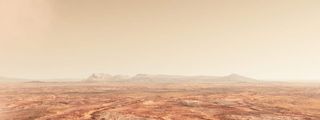 An artist's concept of present-day Mars, showing the planet as a barren, cold, desert world.