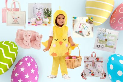 A collage of non-chocolate Easter gift ideas for kids including a smiling toddler wearing an Easter chick outfit and a selection of egg and bunny themed gifts