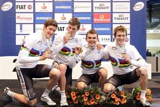 Australians Jack Bobridge, Rohan Dennis, Luke Durbridge and Michael Hepburn celebrate with their medals after the final of the team pursuit