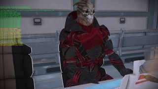 In the DLC this turian's mesh had the wrong texture, which went unnoticed by many due to dark lighting. The mod fixes it, and you can see how he looks now by scrolling up.