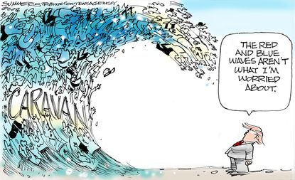 Political cartoon U.S. Trump Honduran migrant caravan red blue wave