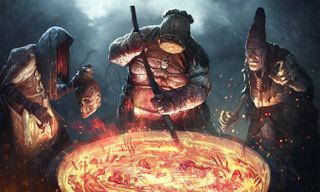 Three crones stir a blazing cauldron of human bones