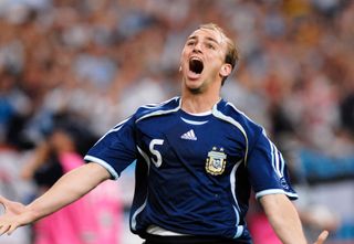Esteban Cambiasso celebrates after scoring for Argentina against Serbia and Montenegro at the 2006 FIFA World Cup in Germany