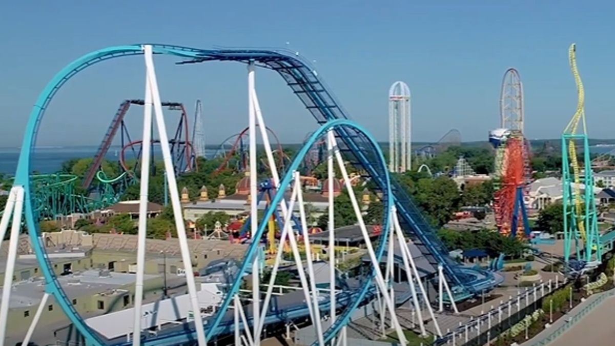 An overview of Cedar Point, can see lots of the rollercoasters.