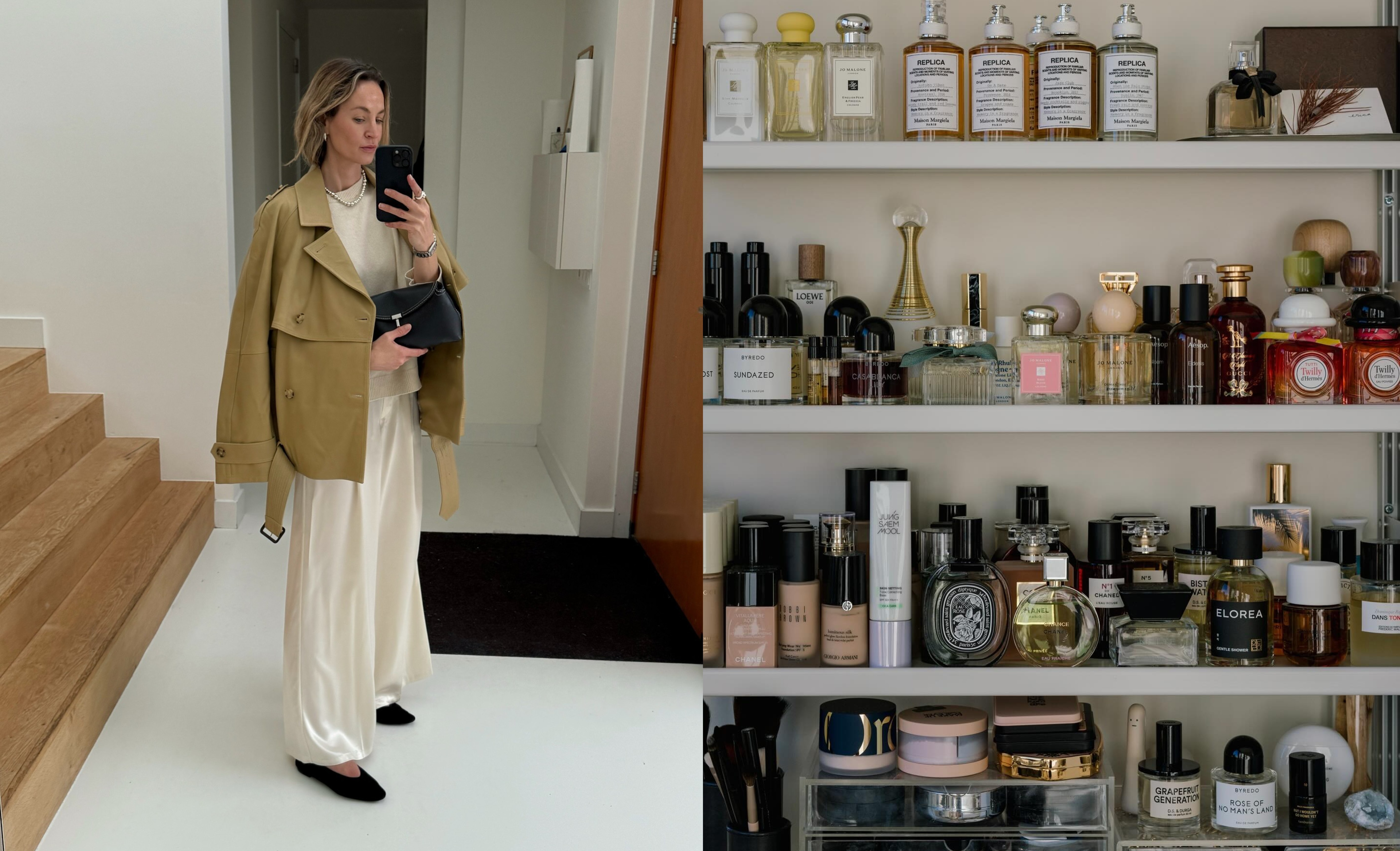 Woman taking a mirror selfie juxtaposed with a perfume shelf