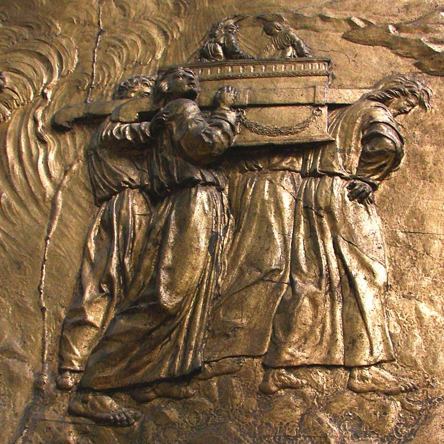 This bas-relief image showing the Ark of the Covenant being carried is from the Auch Cathedral in France.