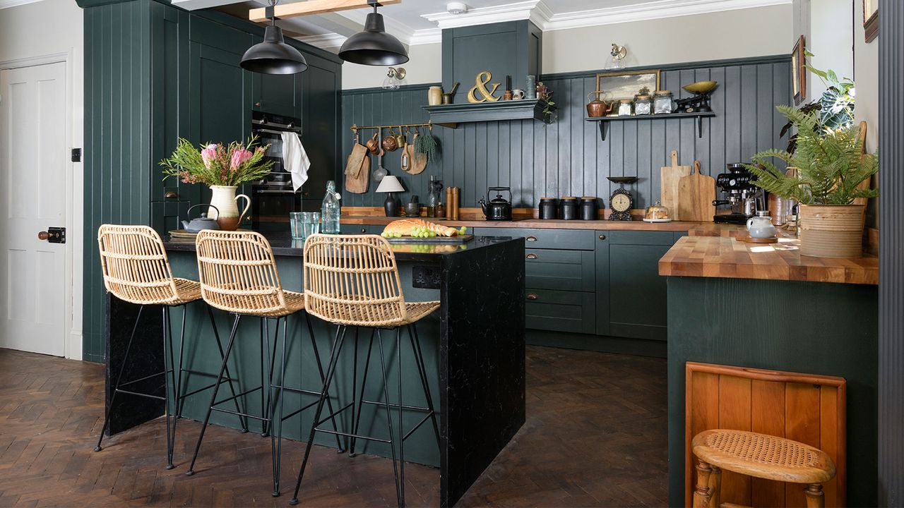 dark green kitchen with island