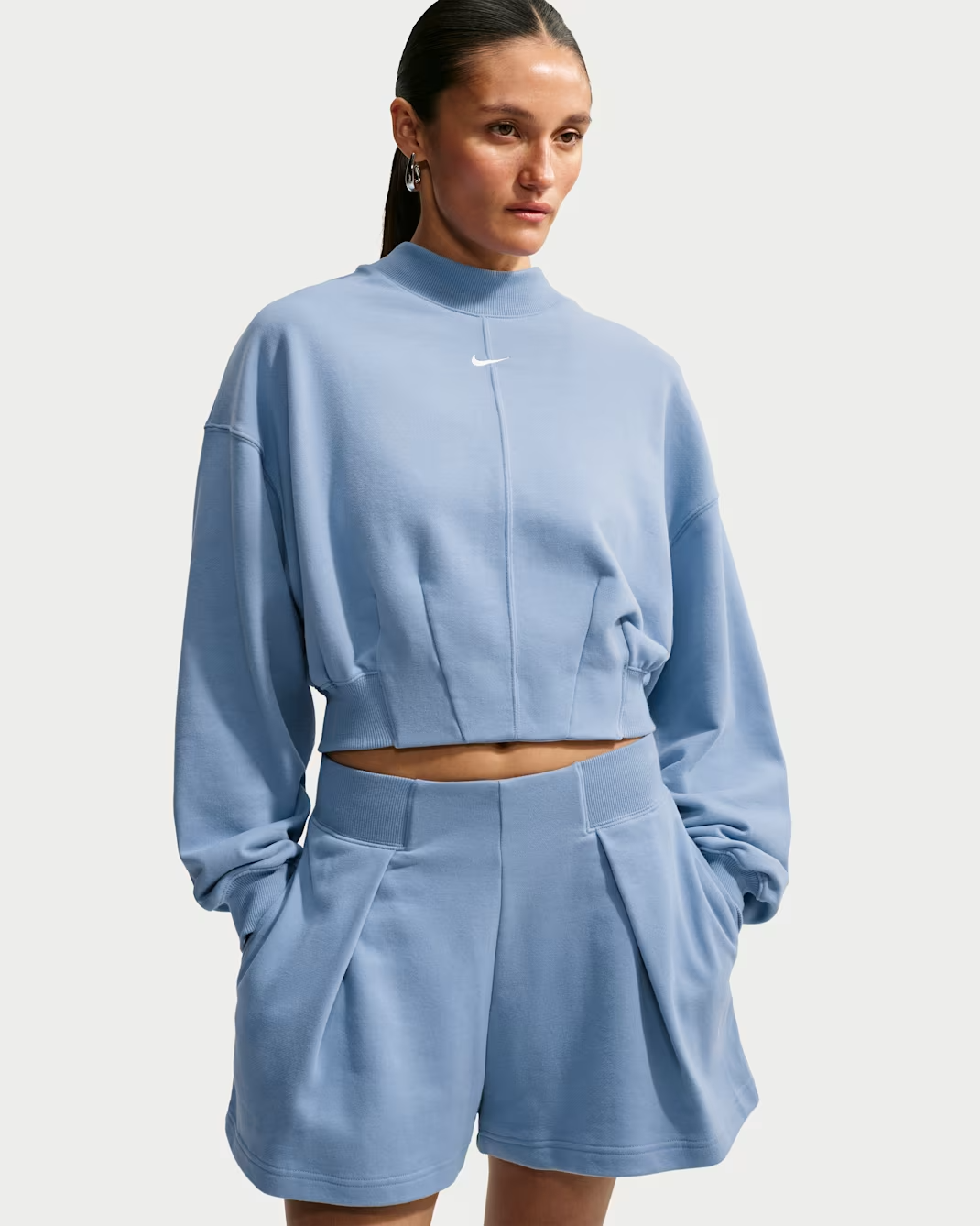 Nike Studio Fleece Lightweight &amp;quot;french Terry&amp;quot; Women's Oversized Cropped Pleated Crew - Work Blue/sail - Size Xxs