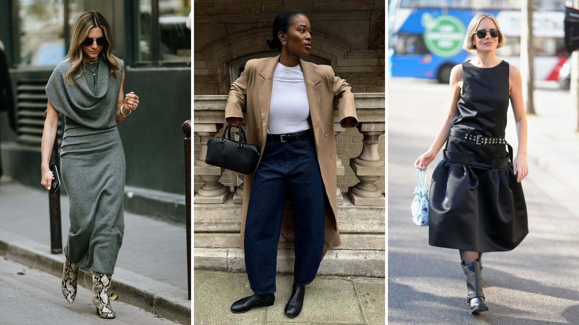 a composite of stylish women wearing trending spring 2026 boots during fashion week