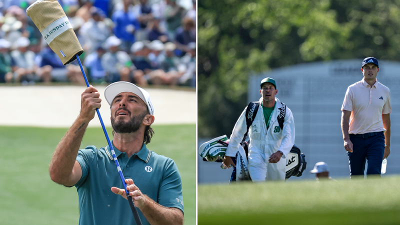 Max Homa stares at a mini driver, with Ludvig Aberg walking down the fairway