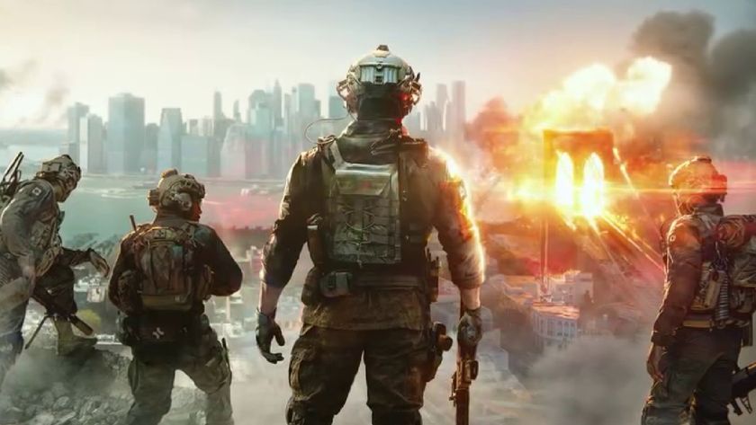 Battlefield 6 art showing a team of four soldiers overlooking a burning city