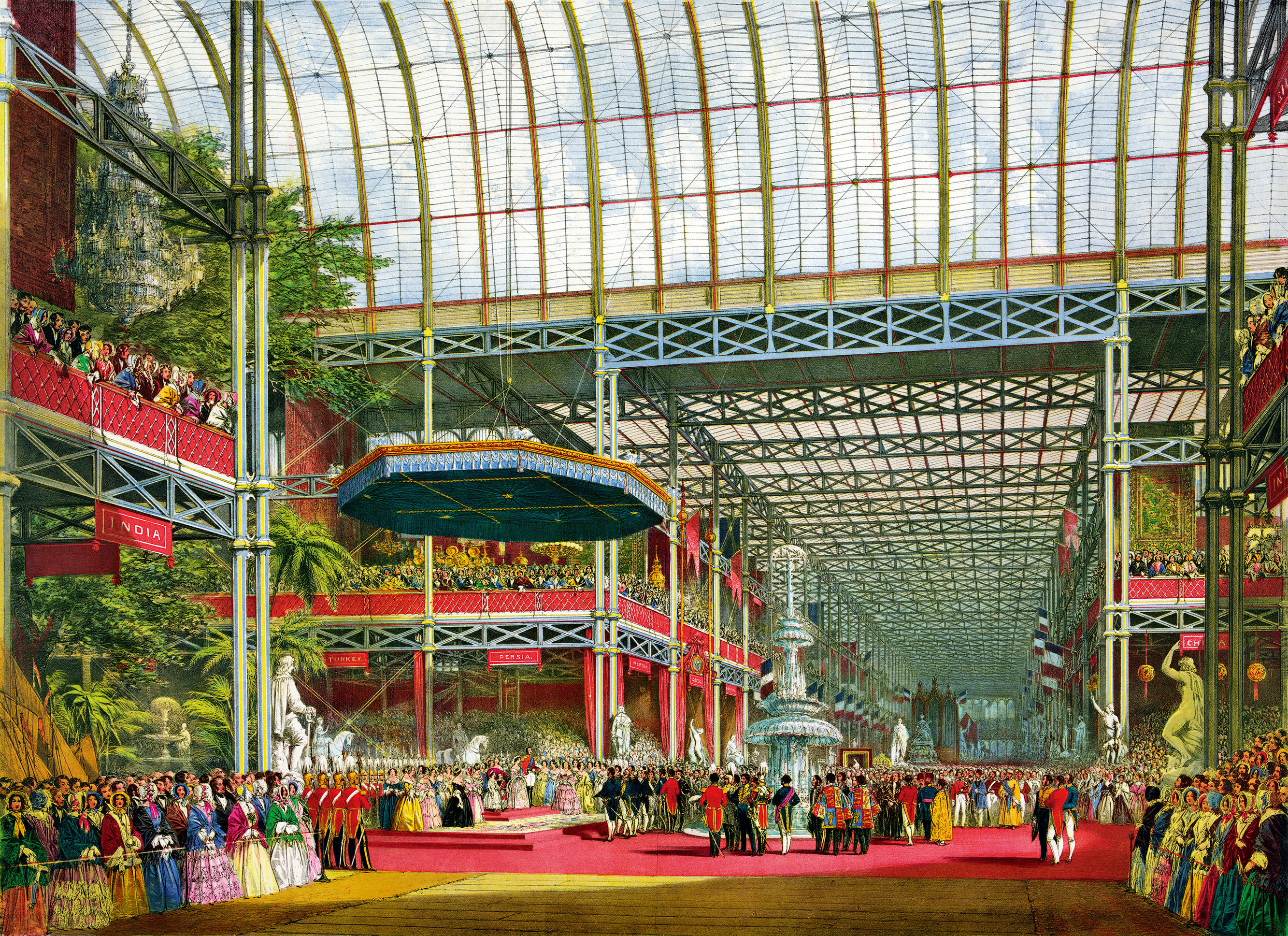 Contemporary print depicting the inauguration of the Great Exhibition of 1851 &amp;mdash; also known as the Crystal Palace Exhibition.
