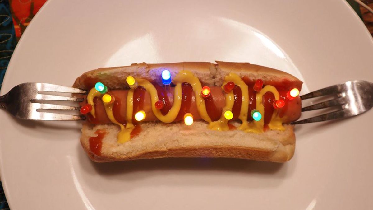 Frankly dangerous hot dog-based LED tester could be a Weiner in the 2025 Hackaday Component Abuse Challenge
