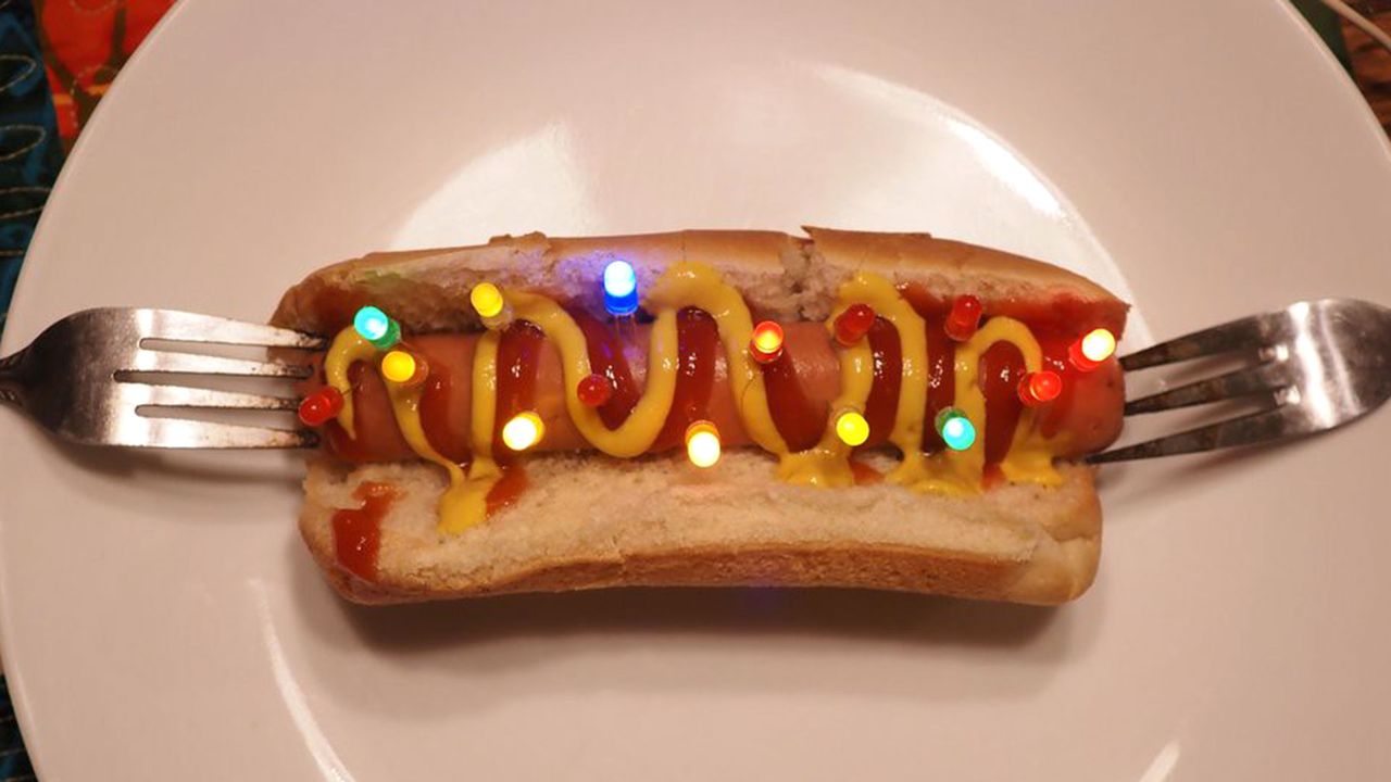 Frankly dangerous hot dog-based LED tester could be a Weiner in the 2025 Hackaday Component Abuse Challenge