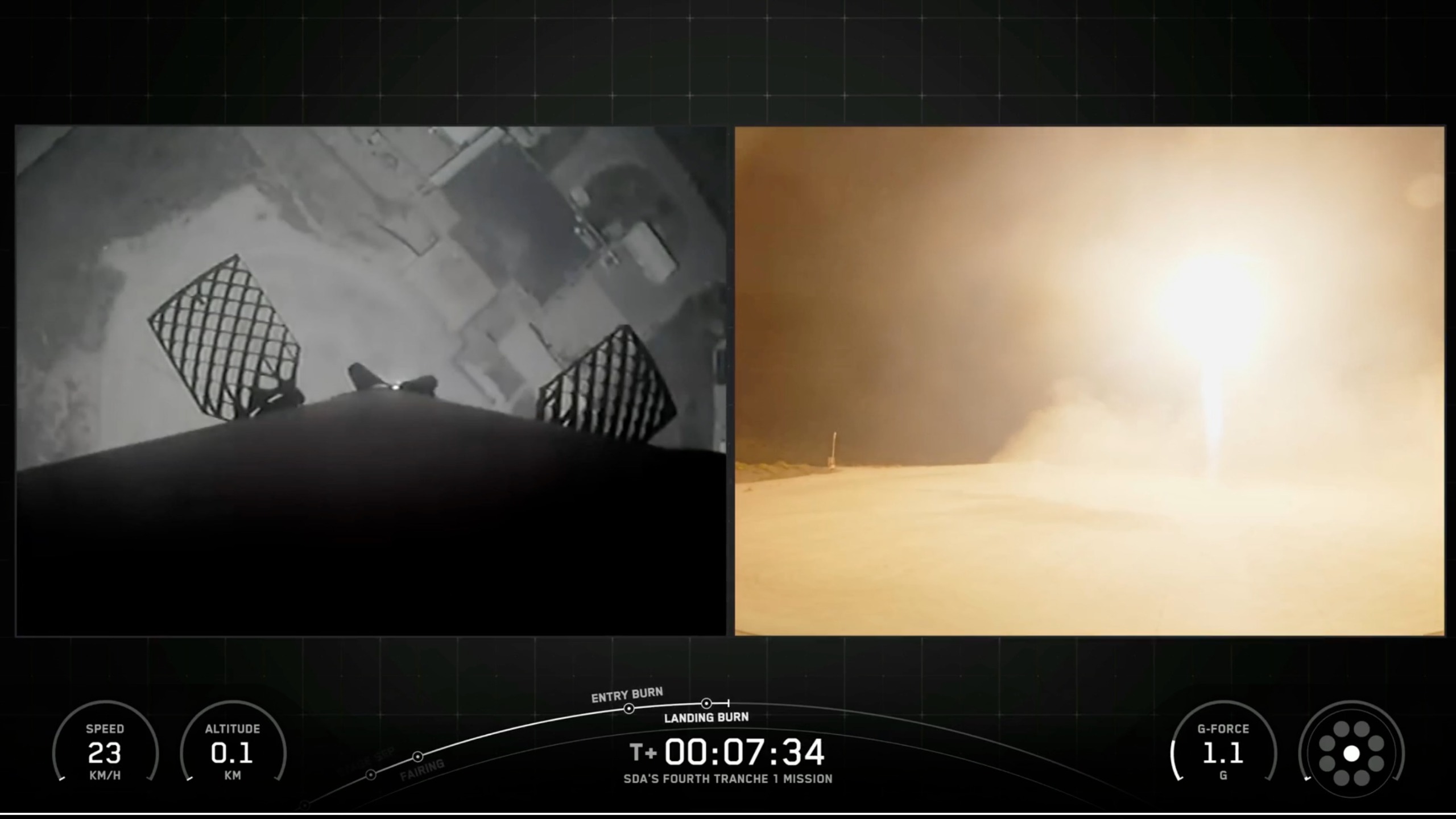 two views of a rocket landing at night &amp;mdash; one from the rocket itself and the other from off to the side