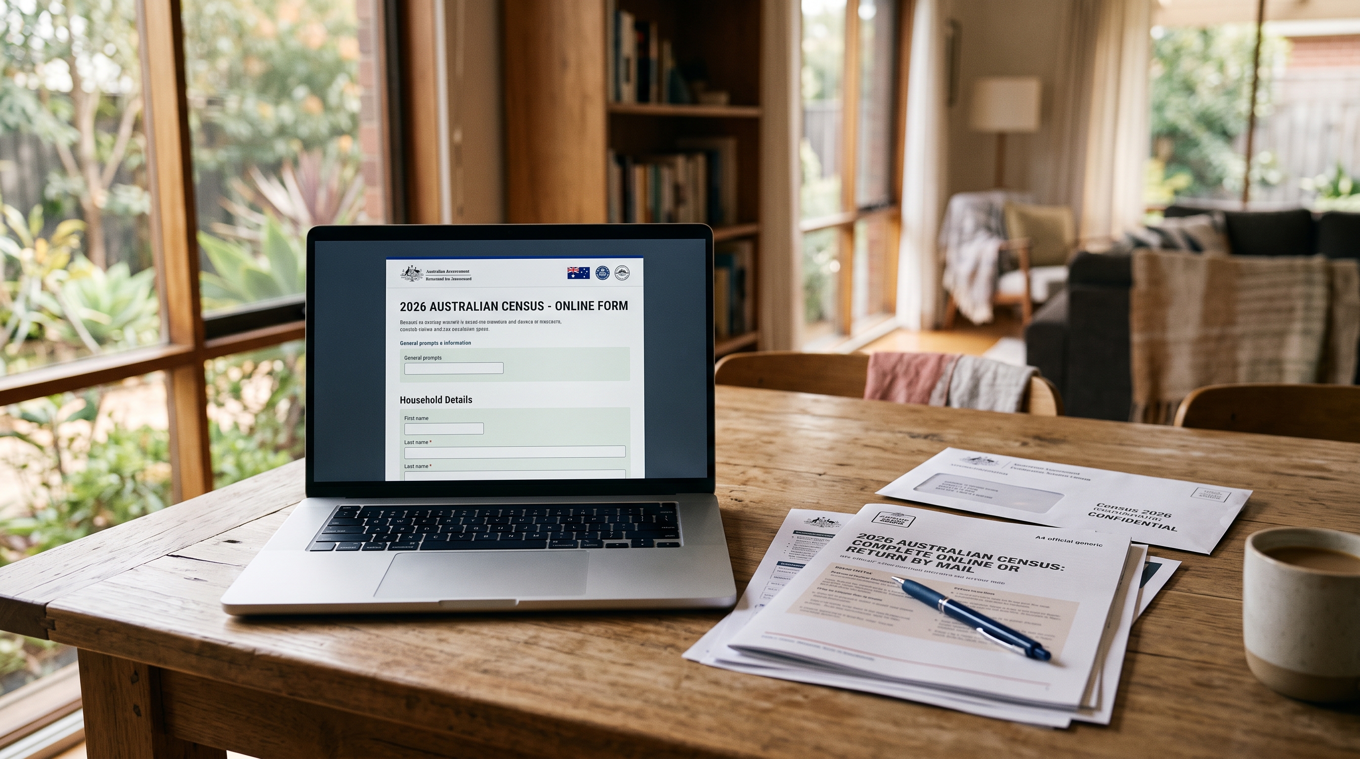 Australia Census 2026 forms and laptop showing the website on a kitchen table. 