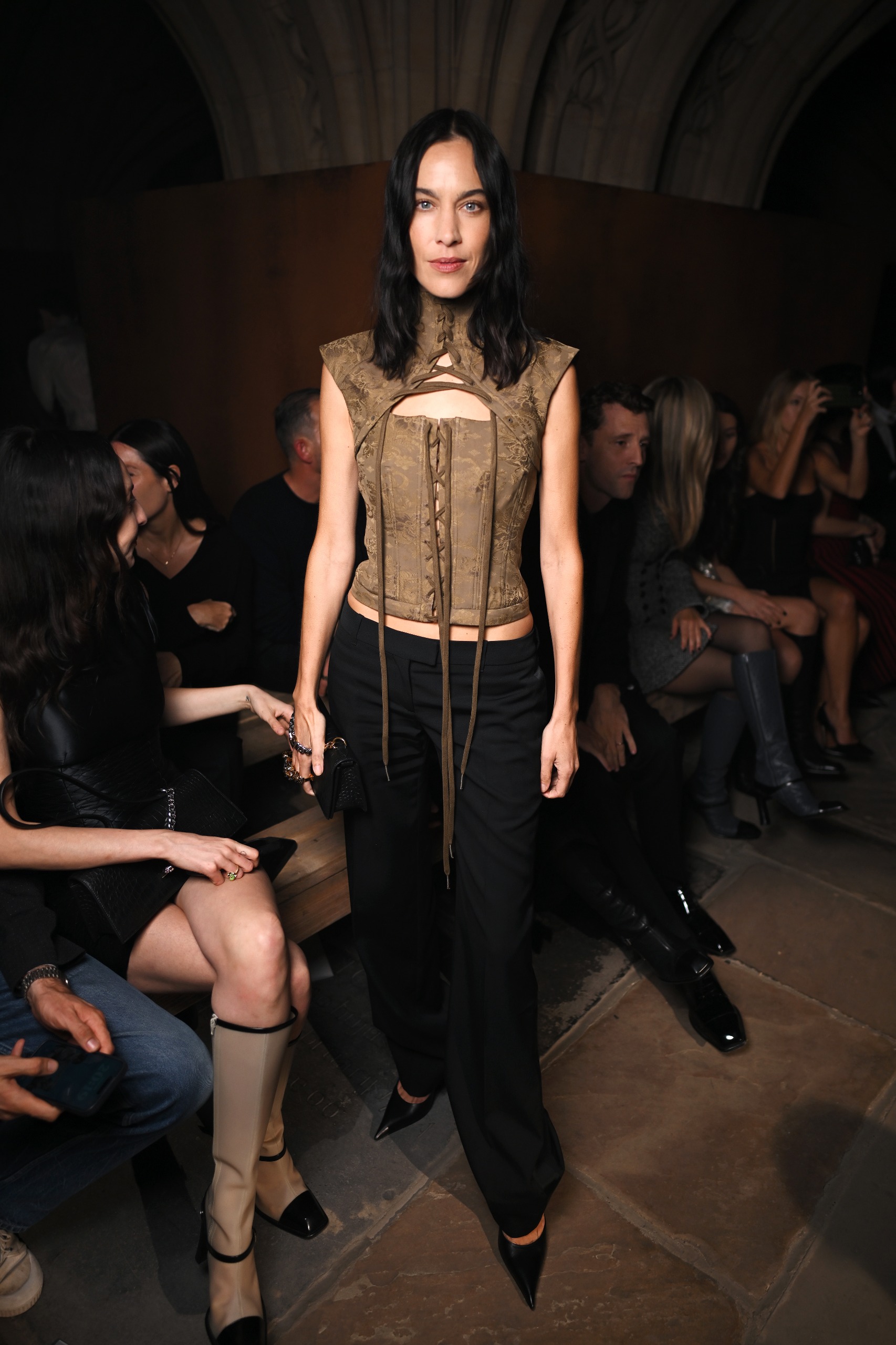 Alexa Chung's corset and trousers look at the McQueen Spring/Summer 2027 show at London Fashion Week