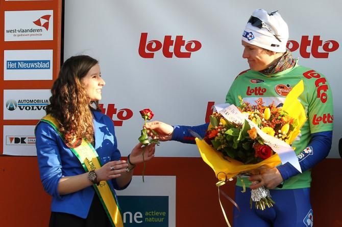Points leader Arnaud Demare (FDJ) shares his podium bouquet