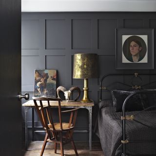 bedroom with railings deep blue black hue with pair with matte metallics like brass or antique bronze black bed frame to up the dark