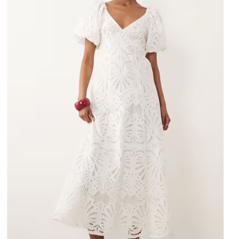 New Look, Puff Sleeve Cutwork Tie Back Midi Dress