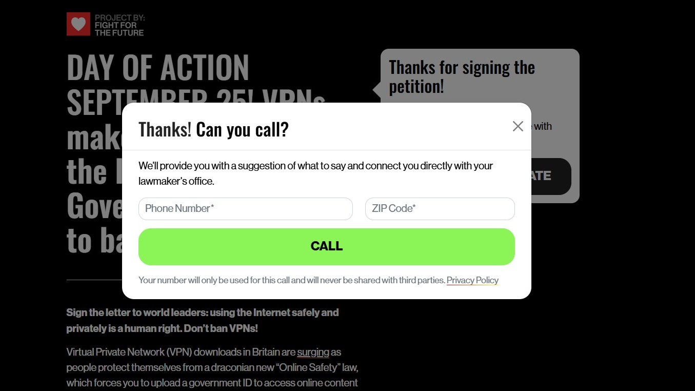 Defend VPNs Day of Action page &amp;ndash; prompt to call the US Congress
