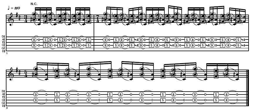 Example 2: Here the time signatures are moving from 3/4 through 7/4 to 5/4 and the notes are phrased over the beat in groupings of 3, 7 and 5. It is vital that the fretting hand mutes as it hammers down by lying flat across the strings and with the first finger tip muting the string above. Take care that you don't brush open strings with your picking hand whilst pulling off too.
