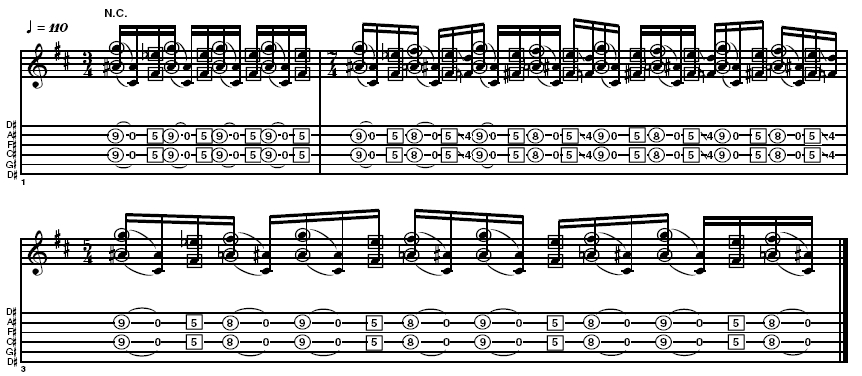 Example 2: Here the time signatures are moving from 3/4 through 7/4 to 5/4 and the notes are phrased over the beat in groupings of 3, 7 and 5. It is vital that the fretting hand mutes as it hammers down by lying flat across the strings and with the first finger tip muting the string above. Take care that you don't brush open strings with your picking hand whilst pulling off too.