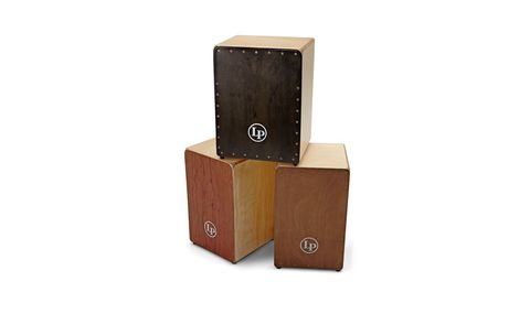 The cajon (bottom left) measures 48cm tall by 30cm by 30cm and is resplendent in a bubinga finish